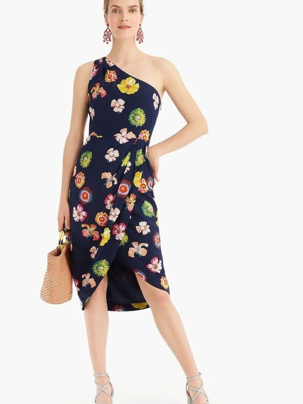 J. Crew Navy Silk One-Shoulder Floral Wrap Dress (121)